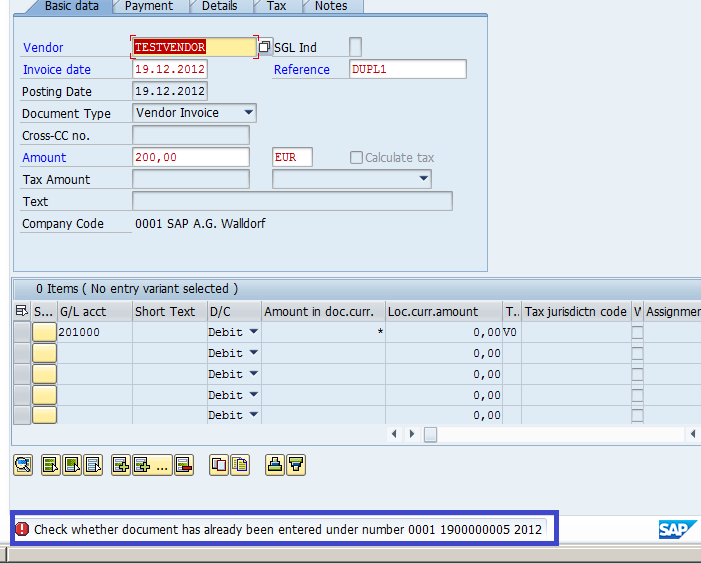 SAP duplicate invoice error message blocking a post